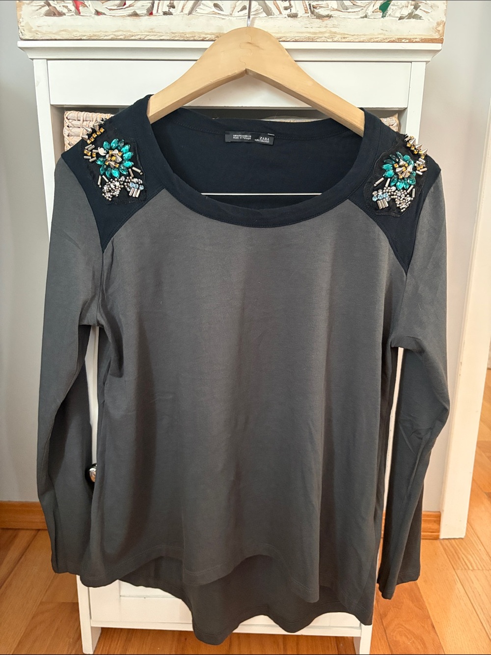 NWOT 100% Cotton Zara Long-Sleeve Top with Jeweled Shoulders